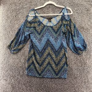 Susan Lawrence small blue 3/4 peek a boo sleeve blouse